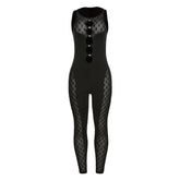 Mesh See-through Hollow Out Cutout High Waist Trousers Sleeveless Tight Jumpsuit